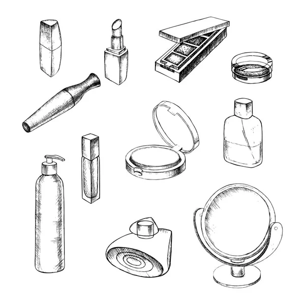 Hand drawn collection of make up and cosmetics. Vector Graphics