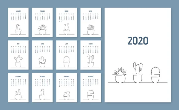 Minimalistic calendar with funny one line draw cactus. Calendar 2020 — Stock Vector