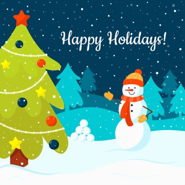 Kış ormanındaki Noel ağacının yanındaki kardan adam. Vektör Noel tebrik kartı