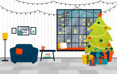 Noel ağacı, hediyeler ve penceresinin önünde kar olan bir Noel salonu. Vektör illüstrasyonu