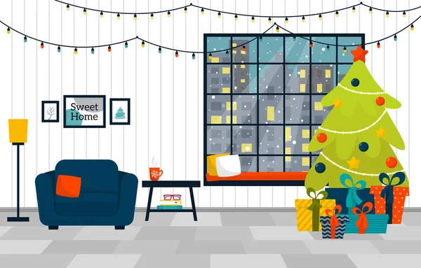 Sala de estar de Navidad con árbol de Navidad, regalos y nieve fuera de la ventana. Ilustración vectorial — Vector de stock