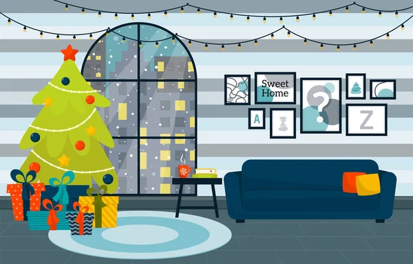 Рождественская Гостиная Елкой Подарками Рядом Окном Векторная Иллюстрация Плоского Стиля — стоковый вектор