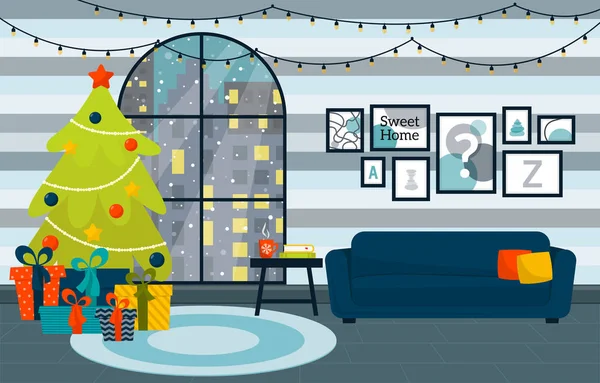 Salón Navidad Con Abeto Regalos Lado Ventana Ilustración Vector Estilo — Archivo Imágenes Vectoriales