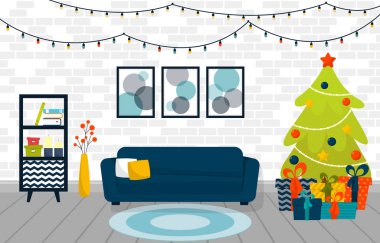 İçinde hediyeler ve çelenkler olan Noel ağacı oturma odasının içinde. Vektör Xmas kavramı
