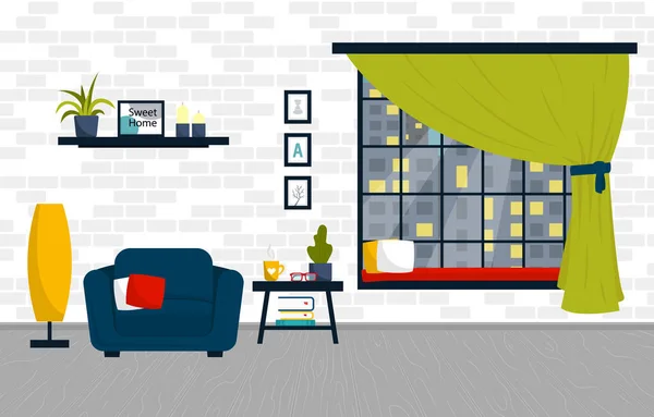 Ilustración vectorial de un interior de una sala de estar con muebles y accesorios de decoración. Enorme ventana con almohadas — Vector de stock