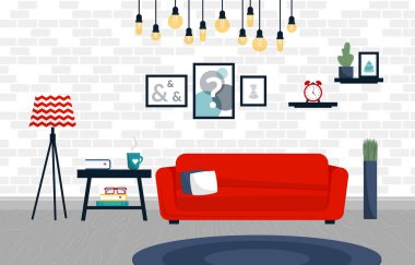 Oturma odasının içi. Farklı aksesuarları olan rahat bir oda tasarımı