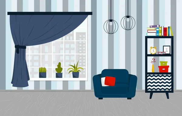 Ilustraciones vectoriales del interior de la sala de estar con diferentes artículos de mobiliario y una enorme ventana — Vector de stock