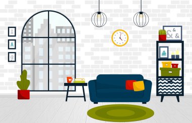 Mobilyalı modern oturma odasının vektör çizimi. Aksesuarlarla iç içe.