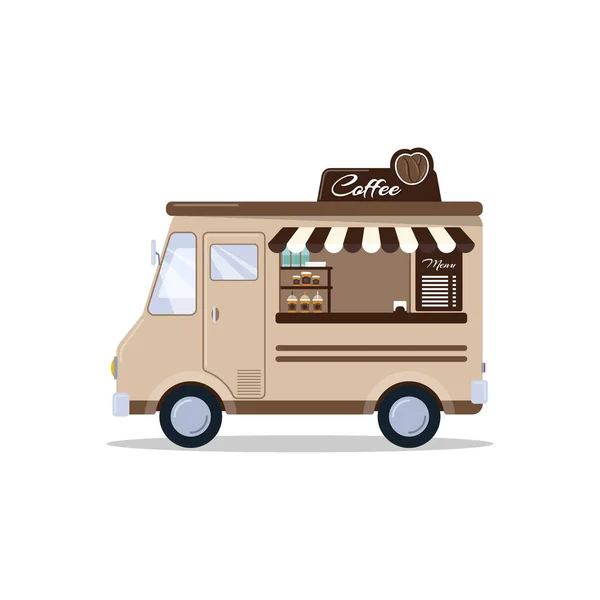 Kaffee-Food-Truck isoliert auf weißem Hintergrund. Fast Food Truck im Cartoon-Stil — Stockvektor