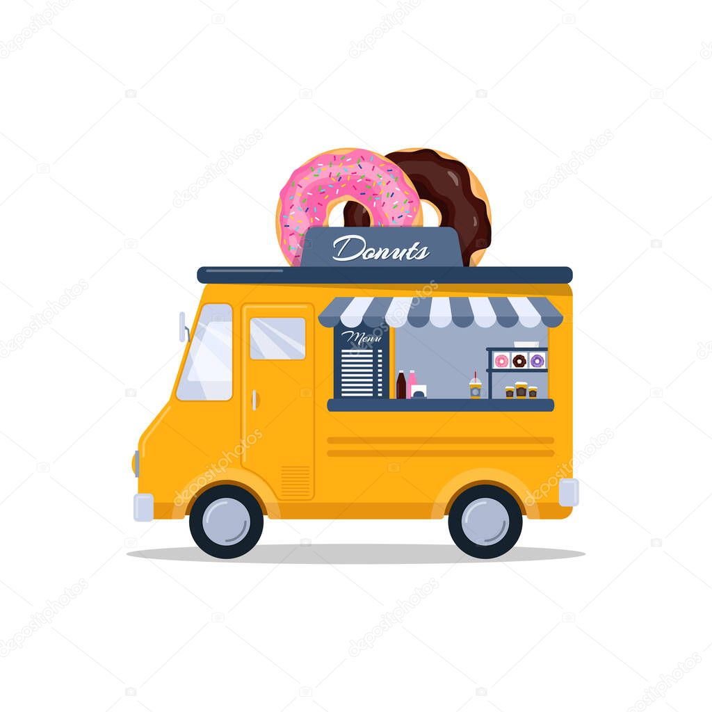 Donuts food truck isolated on white background. Fast food truck in cartoon style