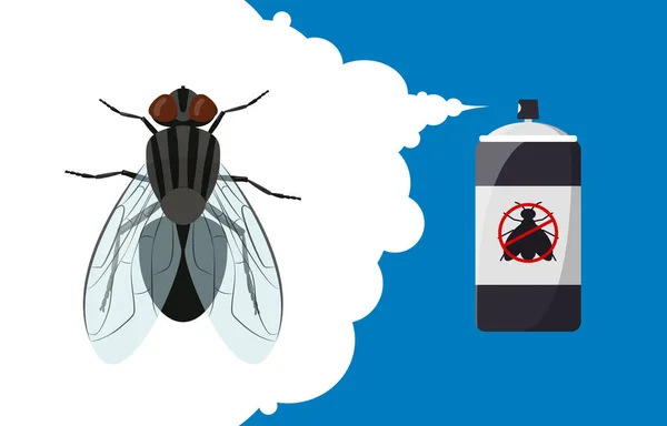Insektbanner-prinsippet. Fly repellent aerosol. Flaske med insektmiddel og insektmiddel. Tegnefilmflue – stockvektor