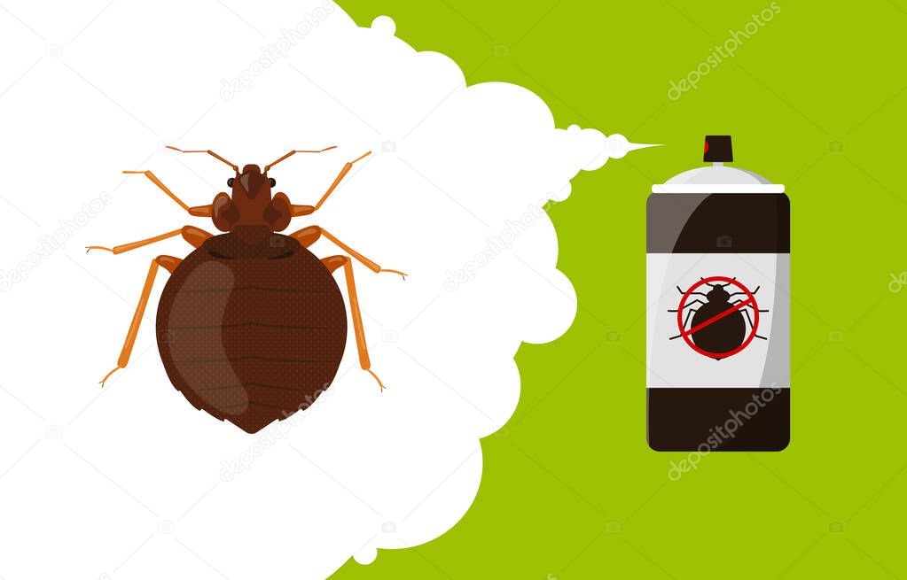 Bedbug repellent banner concept. Insect repellent aerosol. Pest, insect and bug control spray bottle