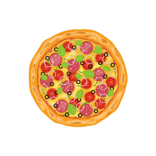 Frische Pizza Mit Paprika Tomaten Käse Oliven Und Zwiebeln Traditionelles — Stockvektor