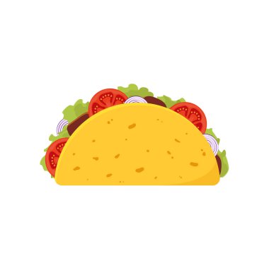 Etli taco, sebze ve tortilla. Geleneksel Meksika fast-food 'u. Vektör illüstrasyonu beyaz arkaplanda izole edildi