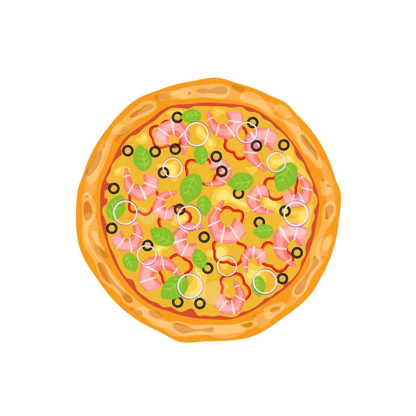 Ganze Pizza mit Garnelen, Pfeffer, Käse, Oliven und Zwiebeln. Vektor-Illustration isoliert auf weißem Hintergrund — Stockvektor