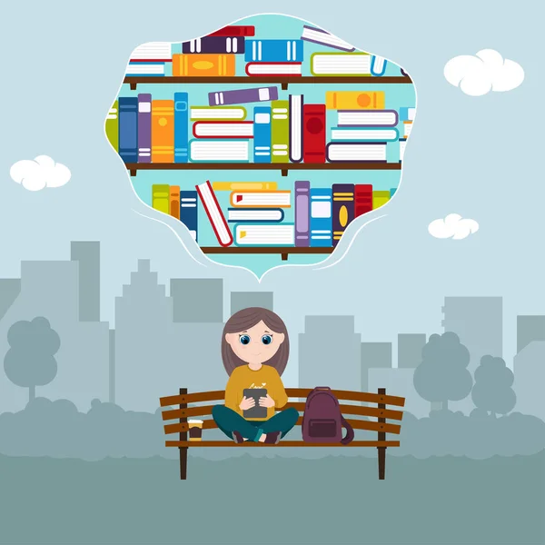 Parktaki Bankta Elektronik Kitap Okuyan Bir Kız Kitap Okuma Kavramı — Stok Vektör