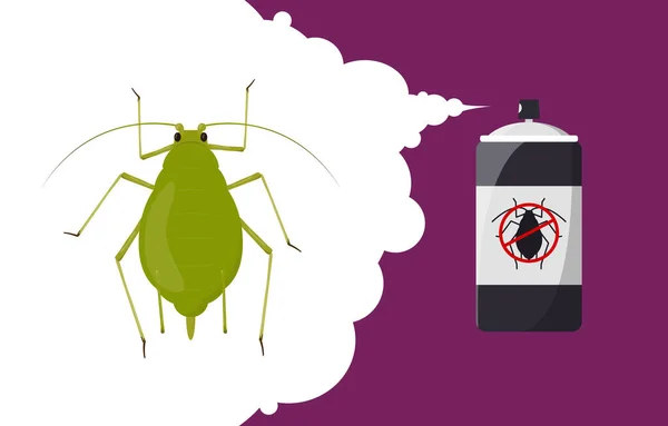 Aphid repelent banner concept. Aerosol odpuzující hmyz. Pestří, hmyz a láhev spreje proti hmyzu. Kreslená ilustrace — Stockový vektor