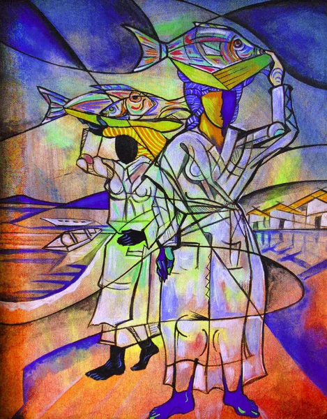 Ritratto Ragazza Fish Seller Illustrazione Cubista — Foto Stock