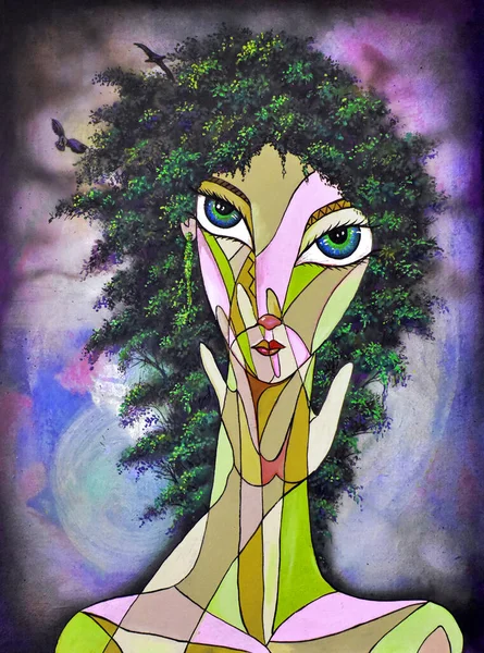 Cubist girl portrait  painting modern deco design