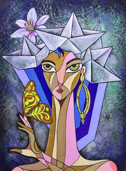 Cubist girl portrait painting modern deco design