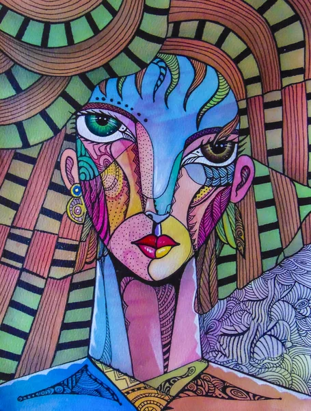 Cubist girl portrait painting modern deco design