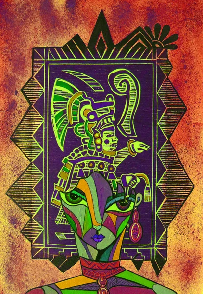 Muchacha Cubista Azteca Retrato Pelo Pintura Diseño Moderno Deco — Foto de Stock