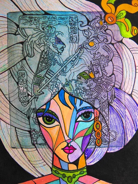 Kubistická Dívka Aztécké Vlasy Portrét Malba Moderní Deco Design — Stock fotografie