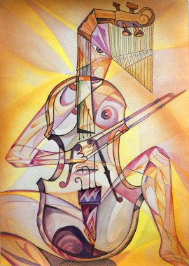     Müzisyenler Kübizm kadın çello portresi. Picasso Biçimi.                           