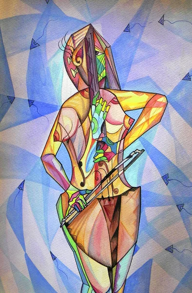 音乐家立体派女性小提琴肖像 毕加索风格的绘画 — 图库照片