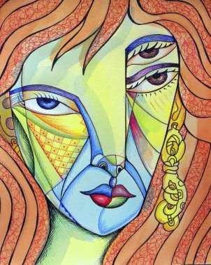 Kübist sürrealist kadın modern soyut tasarımı boyuyor