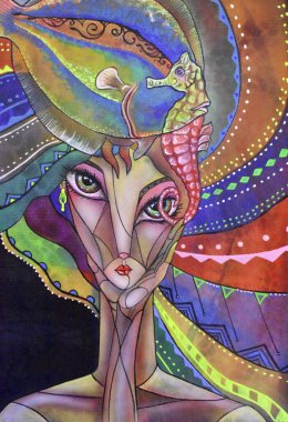 Kübist sürrealist kadın modern soyut tasarımı boyuyor