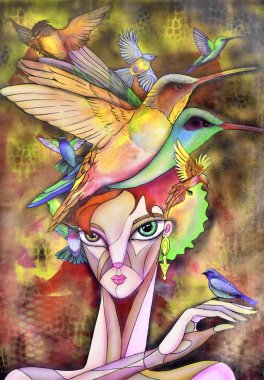 Kübist sürrealist kadın modern soyut tasarımı boyuyor