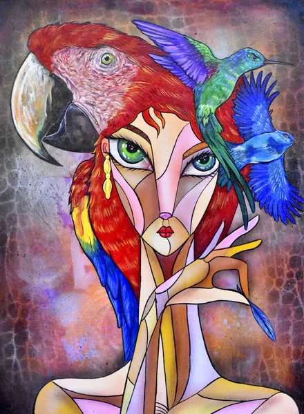 Kübist sürrealist kadın modern soyut tasarımı boyuyor