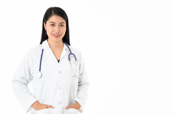 Female Doctor Standing Smiling Tools Treat Patients Confidence Separate White — Stock Photo, Image