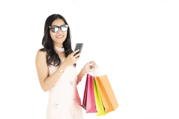 Asian Beautiful Woman Carrying Phone Shopping Bag — Stock Photo, Image