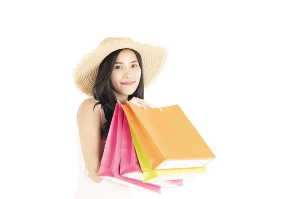 Asiático Mulheres Bonitas Estão Carregando Sacos Compras Alta Qualidade — Fotografia de Stock