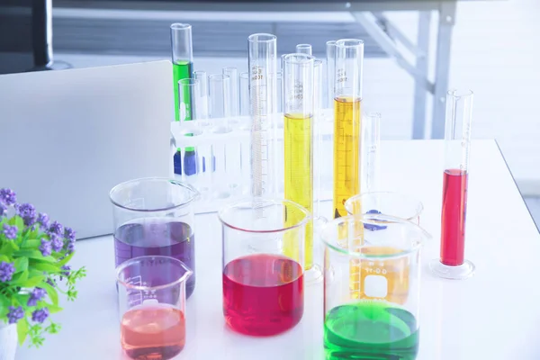 Several Test Tubes Solution Beakers Science Laboratory Liquid Different Colors — Stock Photo, Image