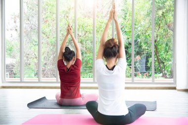 Egzersiz yapan, vücut egzersizleri ve nefes kontrolü yapmak için odada yoga yapan iki güzel kadın vücut bakımı için popüler kavramlardır..