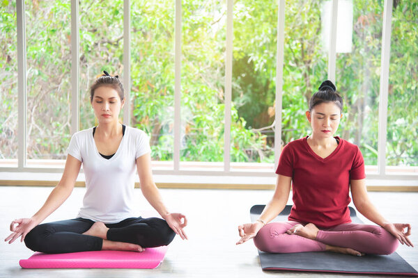 Two beautiful Asian women who are exercising, doing yoga in the room to practice their body exercises and breath control are popular concepts for body maintenance.