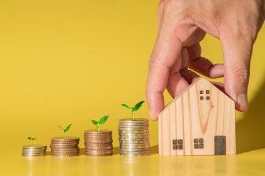 Biriktirmek ve yatırım yapmak, bir ev almak için madeni paraların üzerinde ekin yetiştirmek. Mali ve yatırım kavramları.