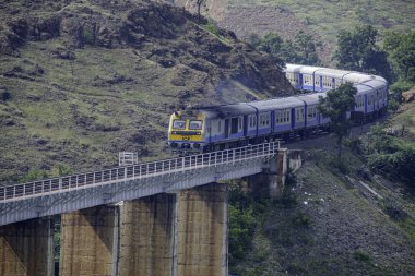 Yerel banliyö treni, Diesel Çoklu Birim (Dmu) Pune Hindistan yakınlarındaki Shindawane 'de viyadük geçidi..