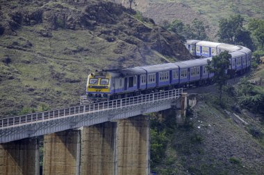 Yerel banliyö treni, Diesel Çoklu Birim (Dmu) Pune Hindistan yakınlarındaki Shindawane 'de viyadük geçidi..