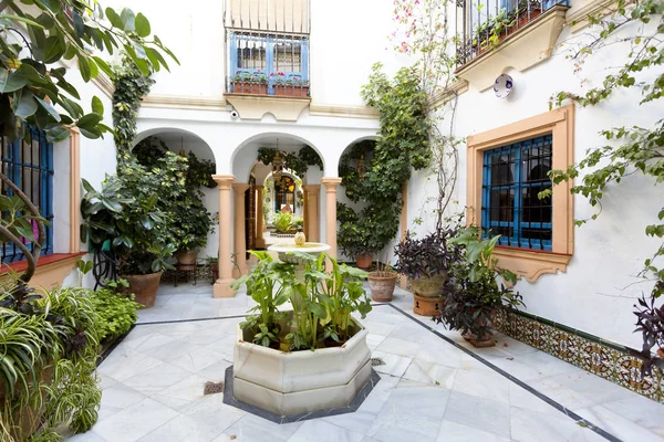 Tipico patio andaluso con fontana e piante — Foto Stock