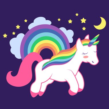 Uyuyan bir tek boynuzlu atı tasvir eden vektör çizimi.