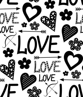 Kalplerin, çiçeklerin ve yazıtların olduğu vektör grafik 