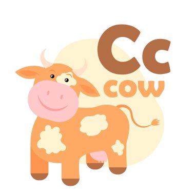 Abc Alfabe çizimi. Vektör şirin çocuklar hayvan alfabesi. C harfi. Güzel çizgi film ineği..