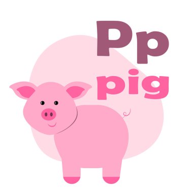 Abc Alfabe çizimi. Vektör şirin çocuklar hayvan alfabesi. P harfi. Tatlı çizgi film domuzu..