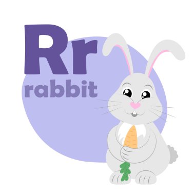 Abc Alfabe çizimi. Vektör şirin çocuklar hayvan alfabesi. R harfi. Güzel çizgi film tavşanı..