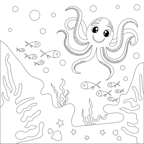 Раскраска Морская Рыба Осьминог Подводный Мир Оушен Векторная Иллюстрация Детей — стоковый вектор