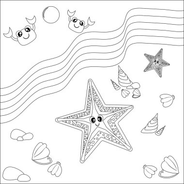 Boyama kitabı. Deniz yıldızı, deniz kabuğu ve yengeç. Çizgi film sakinleri. Su altı dünyası. Çocuklar için vektör illüstrasyonu.